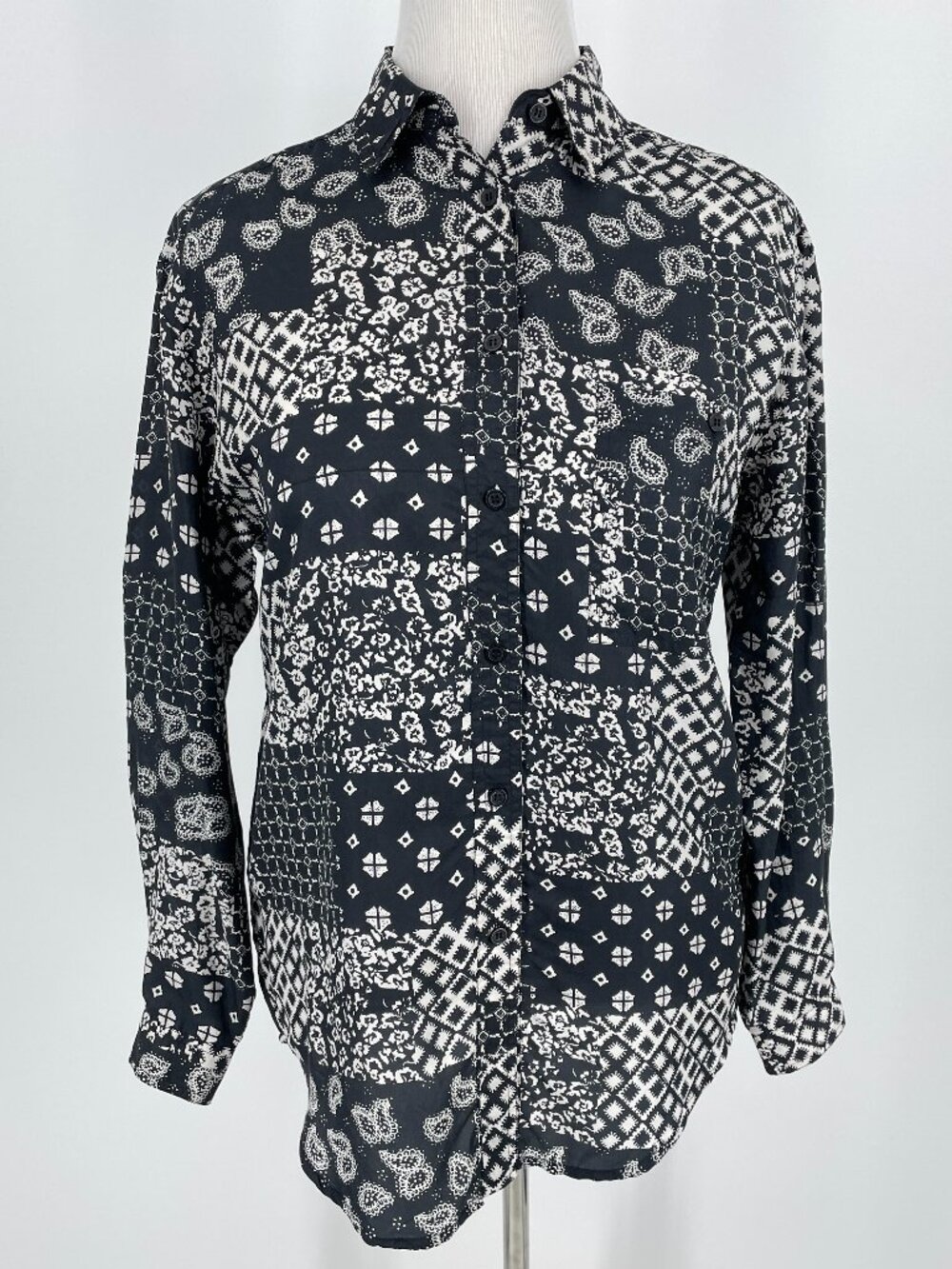 Metro Express 100% Silk Black & White Patchwork Print Button-Up Blouse Small